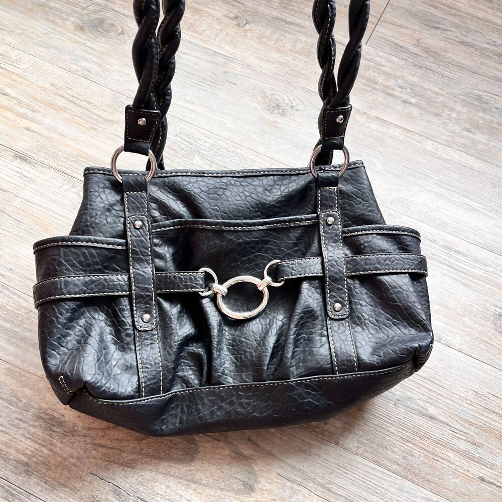 Y2K Black Faux Leather Shoulder Bag Braided Strap Silver Hardware Purse Grunge - Picture 6 of 11